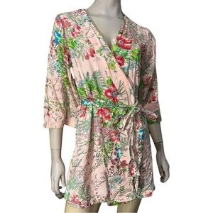 Plum Pretty Sugar Women’s Size XS Pink Floral Cotton Belted Kimono Short Robe